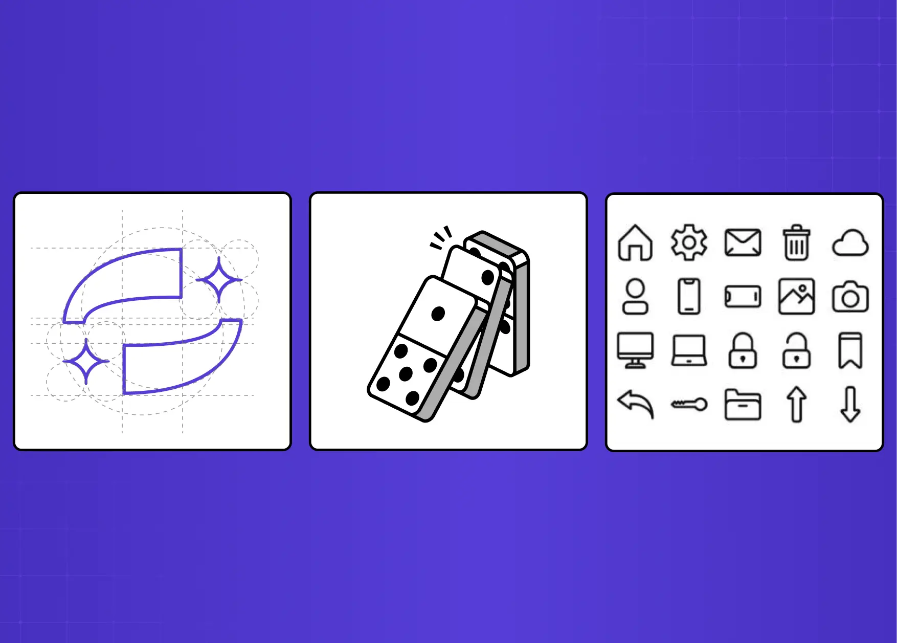 Collection of line art examples including logo construction, illustrative graphics, and icon sets created primarily using clean strokes and outlines.