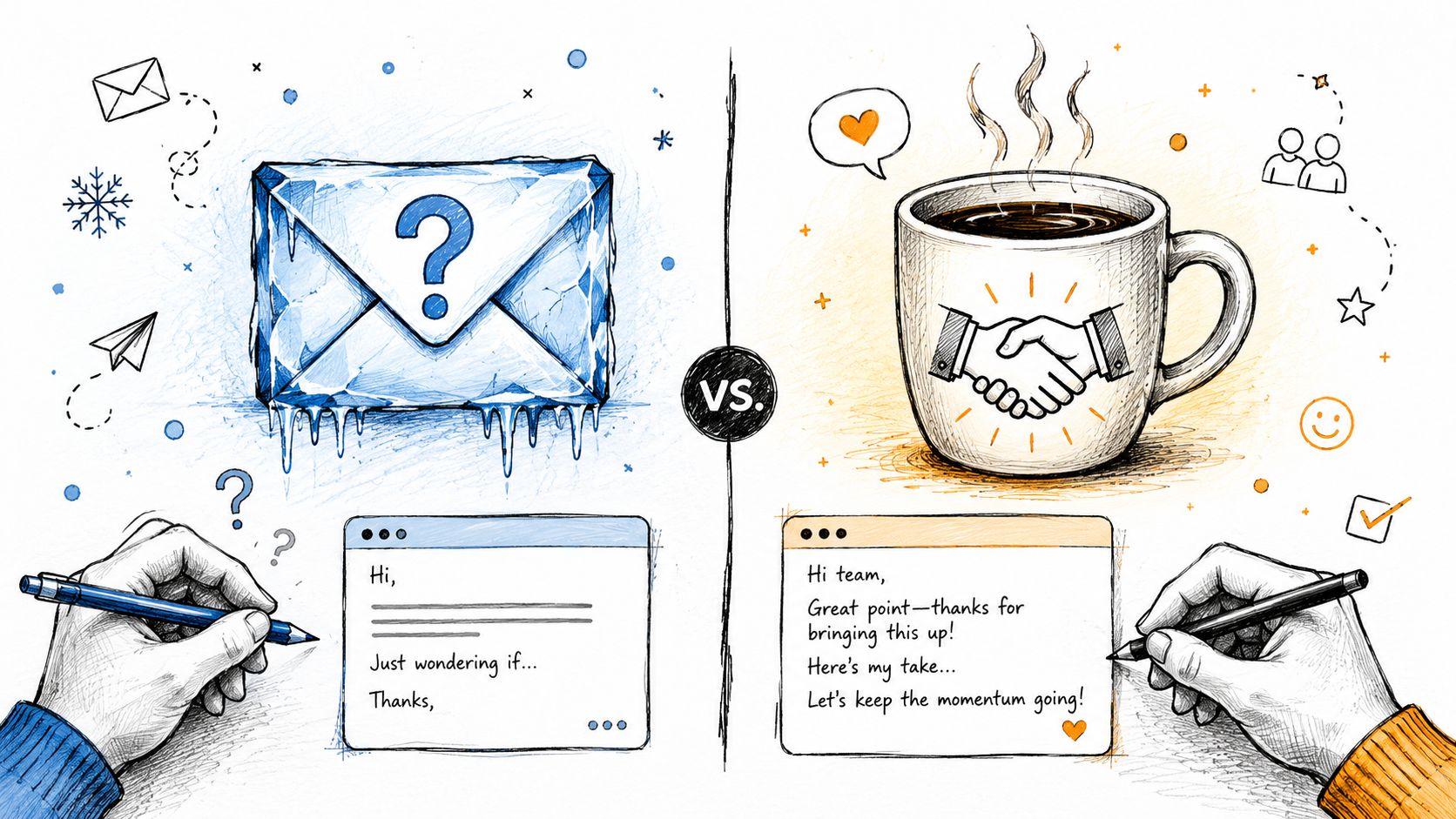 A comparison between a cold, uncertain email and a warm, collaborative discussion over a coffee cup.