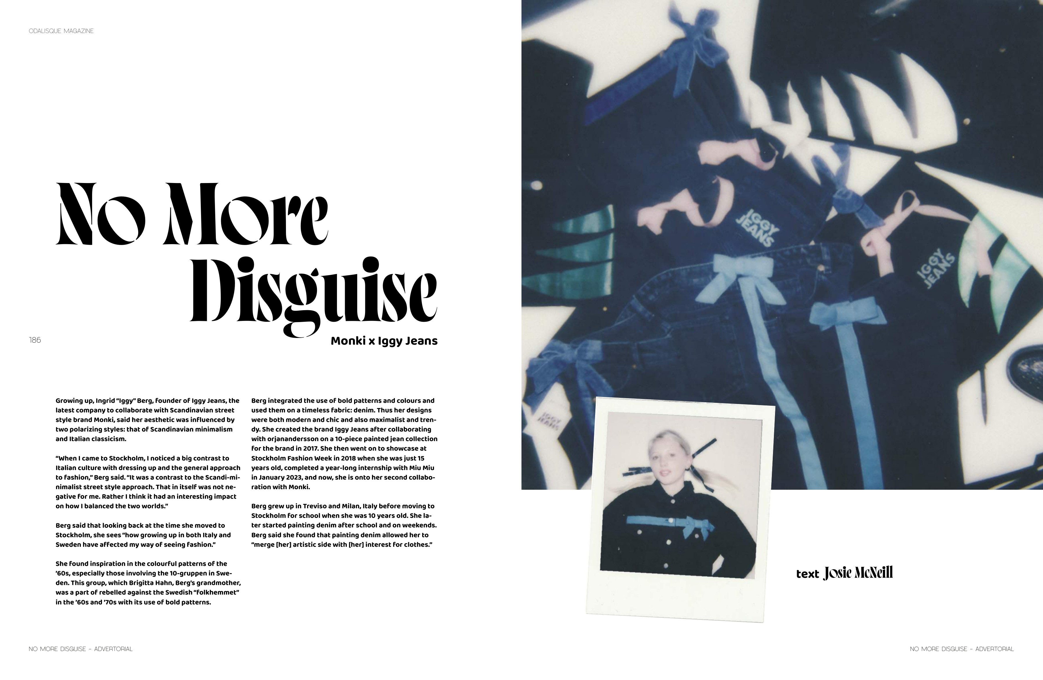A sculptural black headline and interview text opposite a collage of blue photographic fragments.