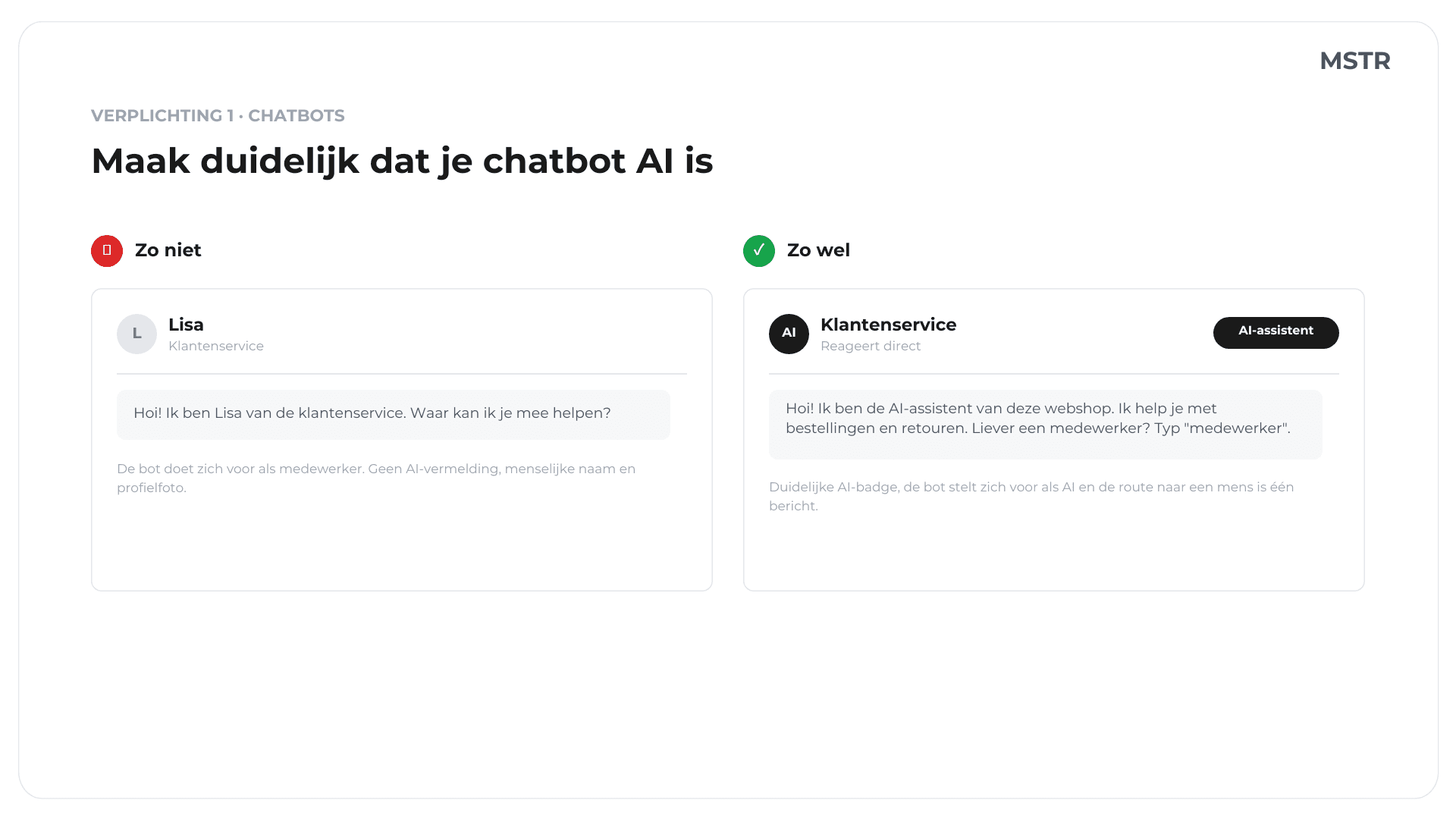 Voorbeeld vergelijking van twee chatbots: links een bot die zich voordoet als medewerker Lisa, rechts een chatbot die zich volgens de EU AI Act voorstelt als AI-assistent