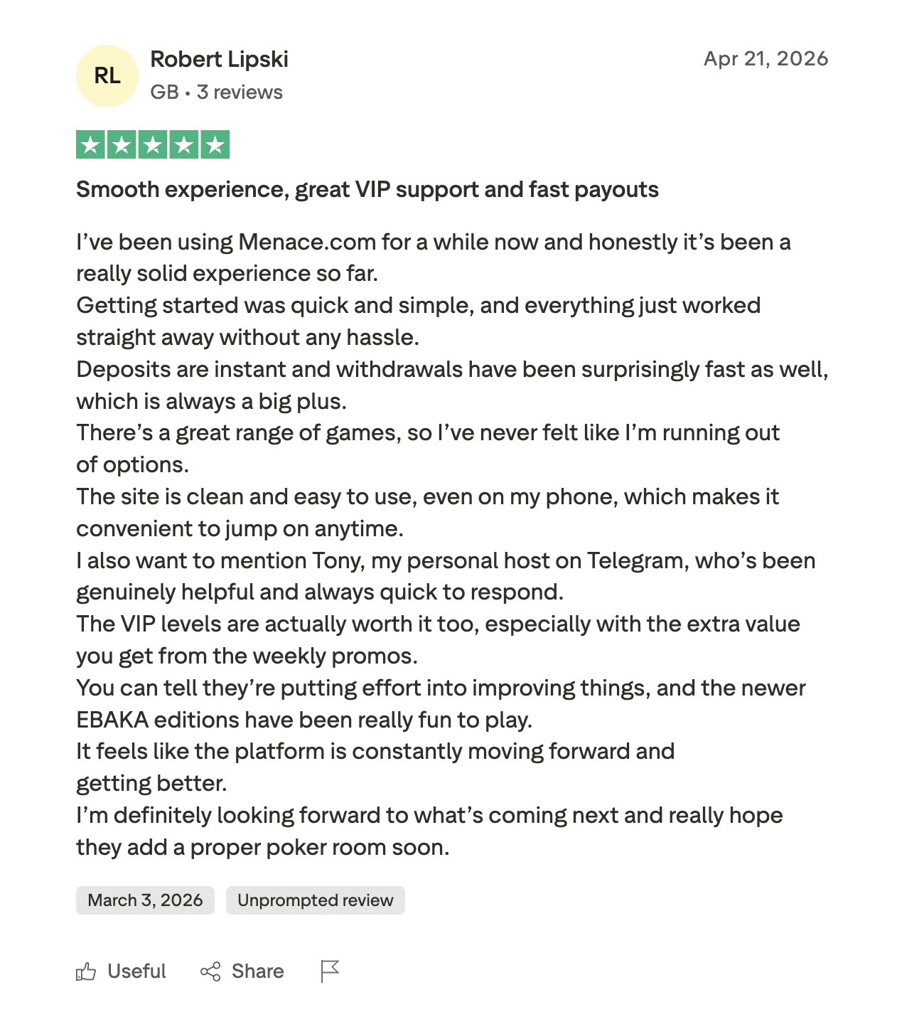 Screenshot of Trustpilot review of Menace.com highlighting the VIP support