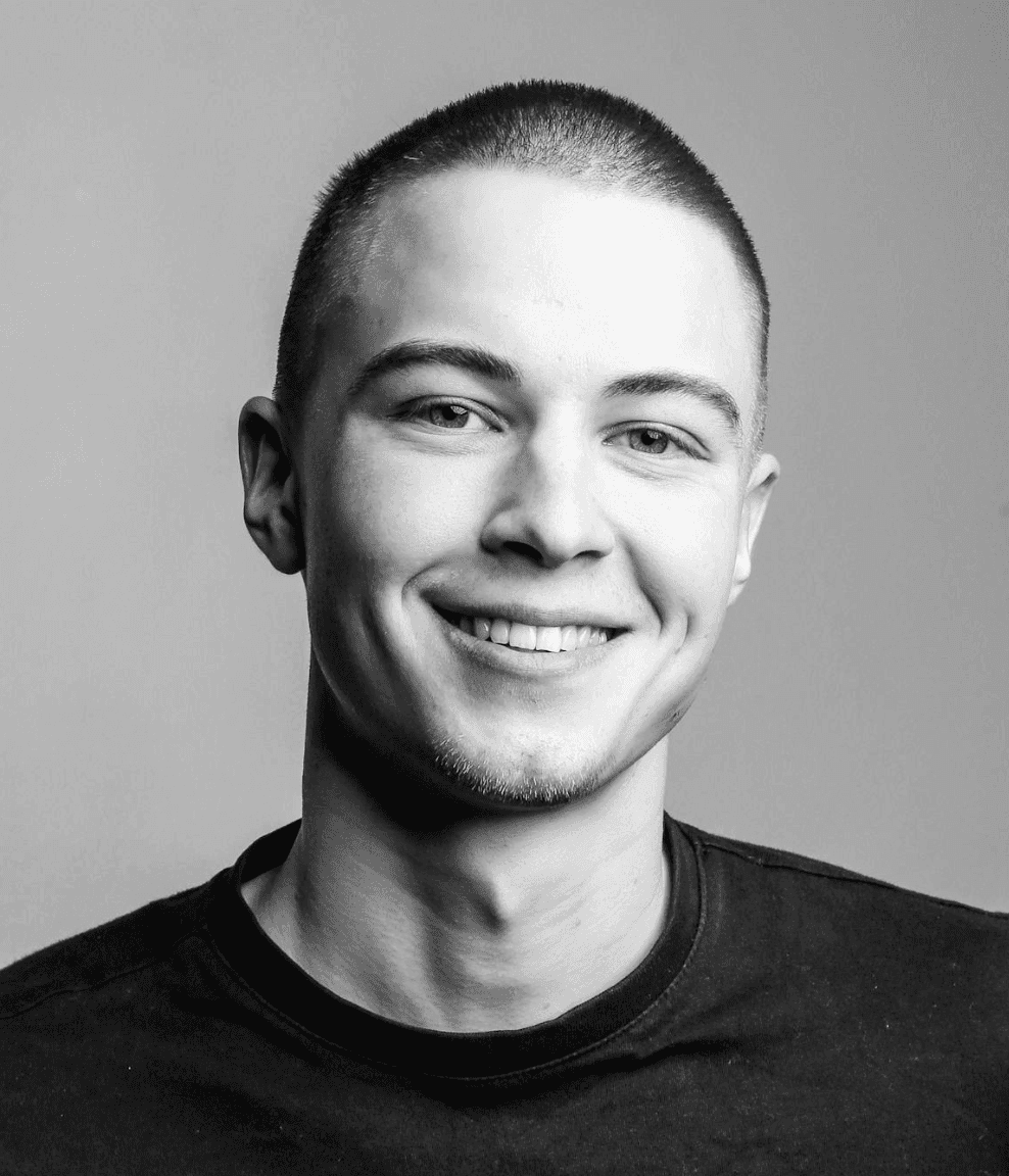 Greyscale professional headshots of tech industry clients for the testimonial section.