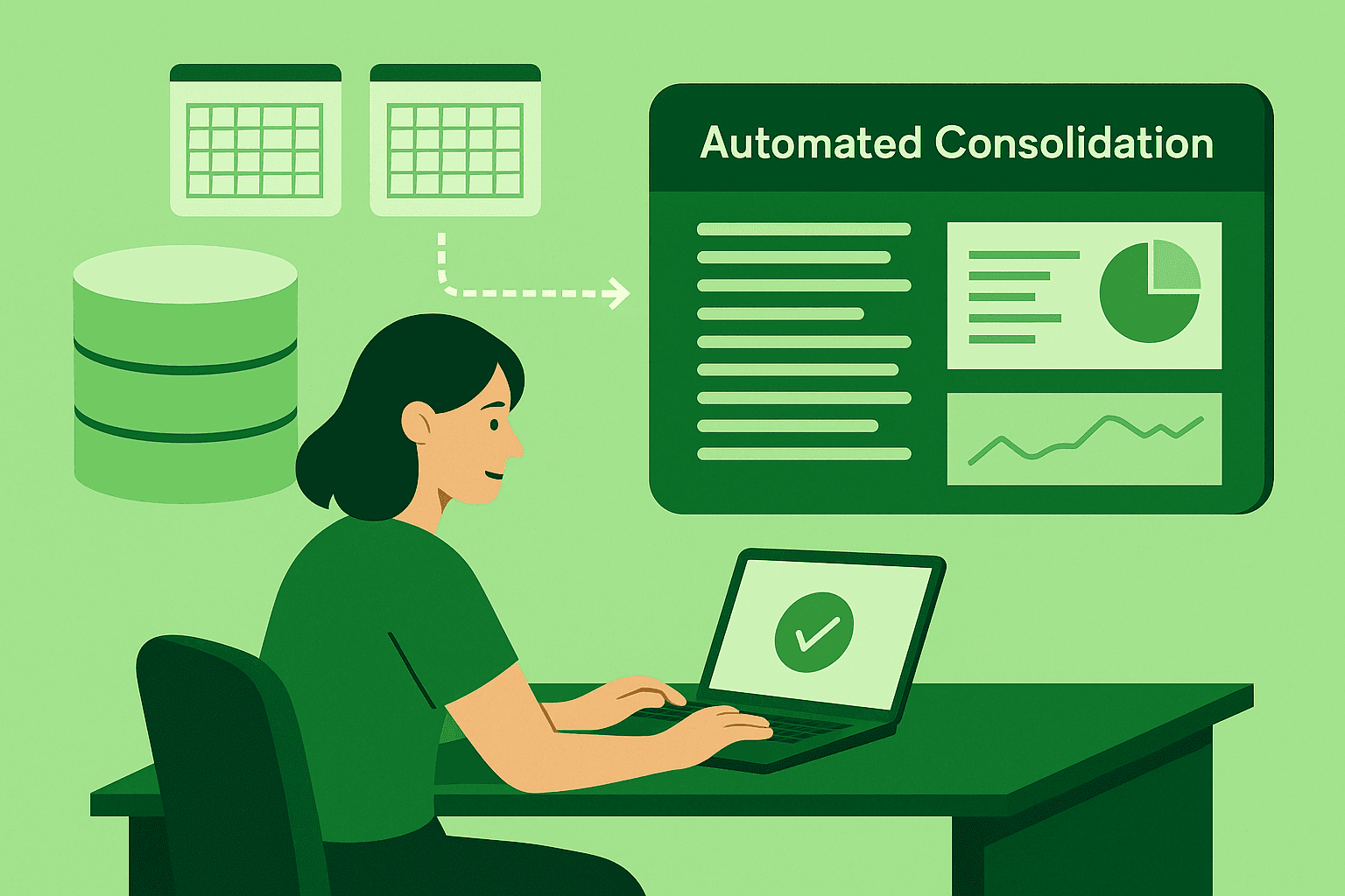 Illustration showing automated financial consolidation with Sumledger, featuring a user at a laptop, connected data sources and a dashboard in Sumledger’s green color palette.