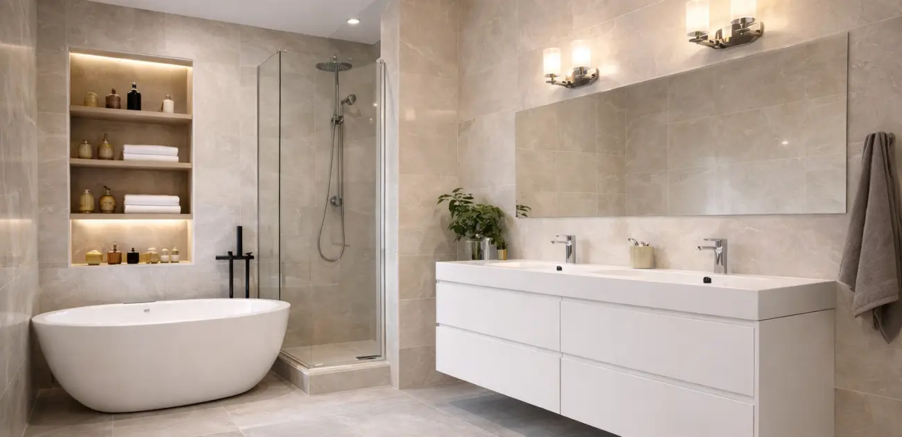 Τελικό αποτέλεσμα ανακαίνισης μπάνιου super luxury με μοντέρνο σχεδιασμό, ελεύθερη μπανιέρα, κρυφό φωτισμό και premium υλικά από την Design Chama