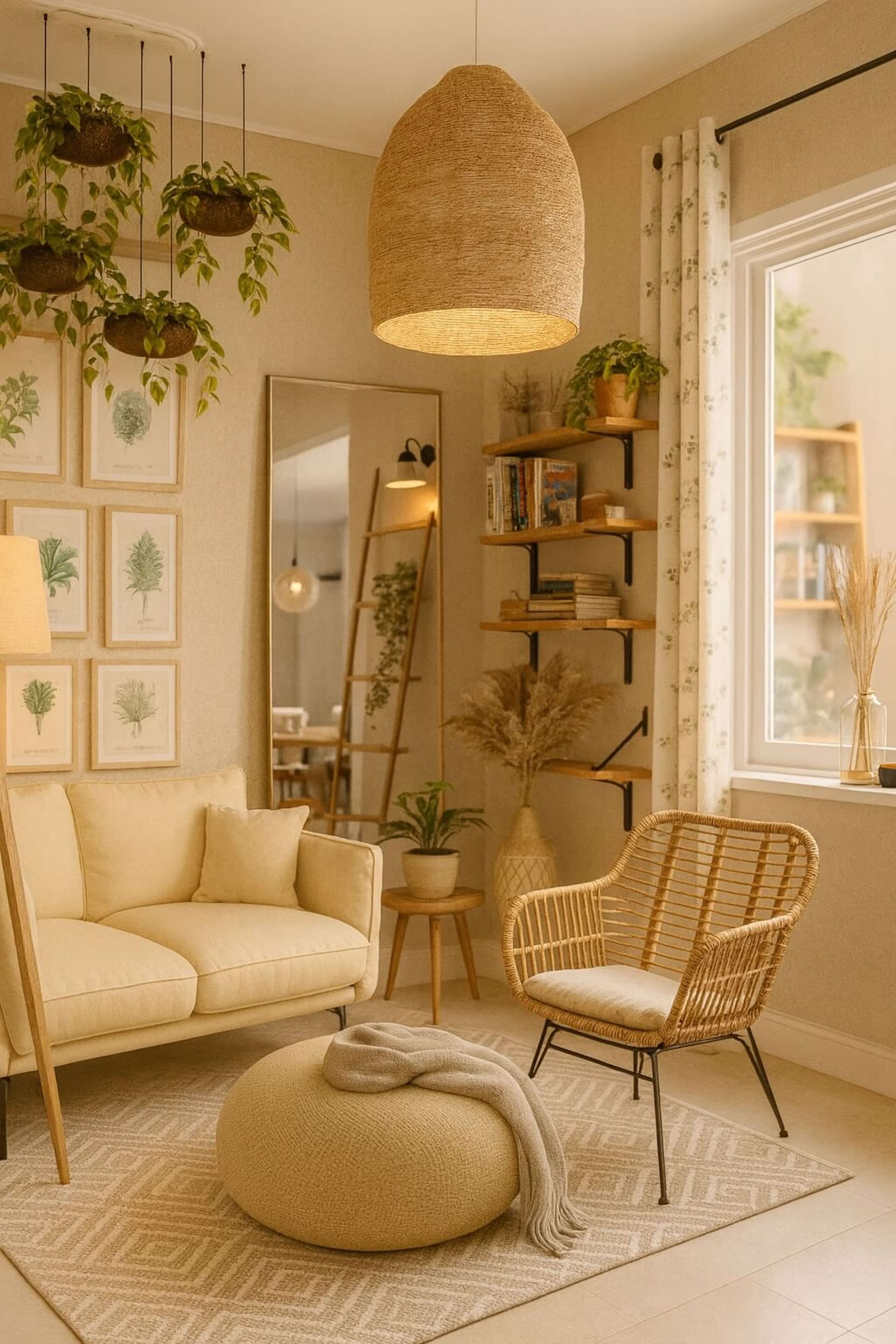 Warm modern living room featuring natural materials, rattan chairs, soft neutral palette, and large windows bringing in sunlight.
