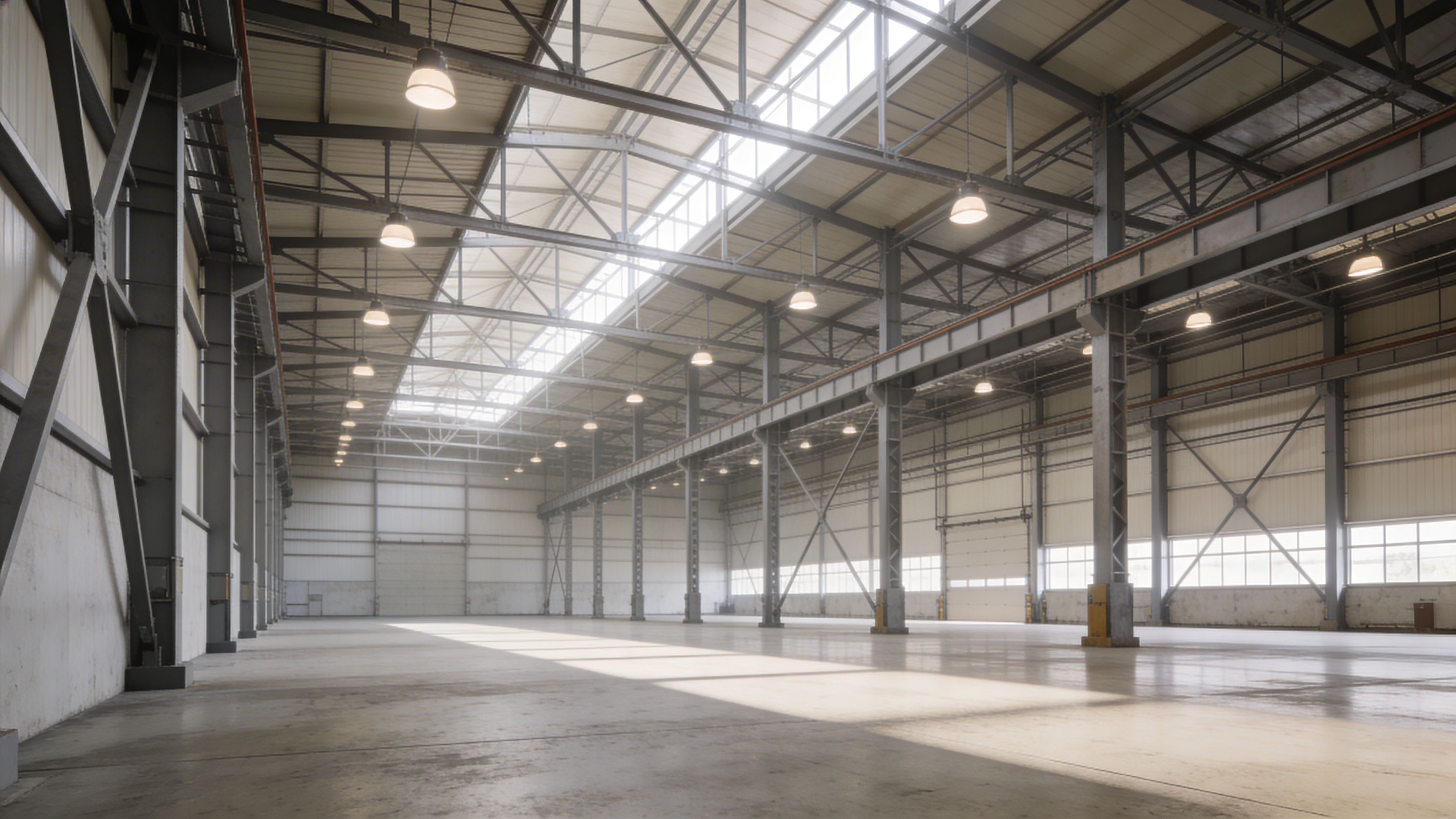 Spacious industrial warehouse interior with skylights, steel beams, and polished concrete flooring