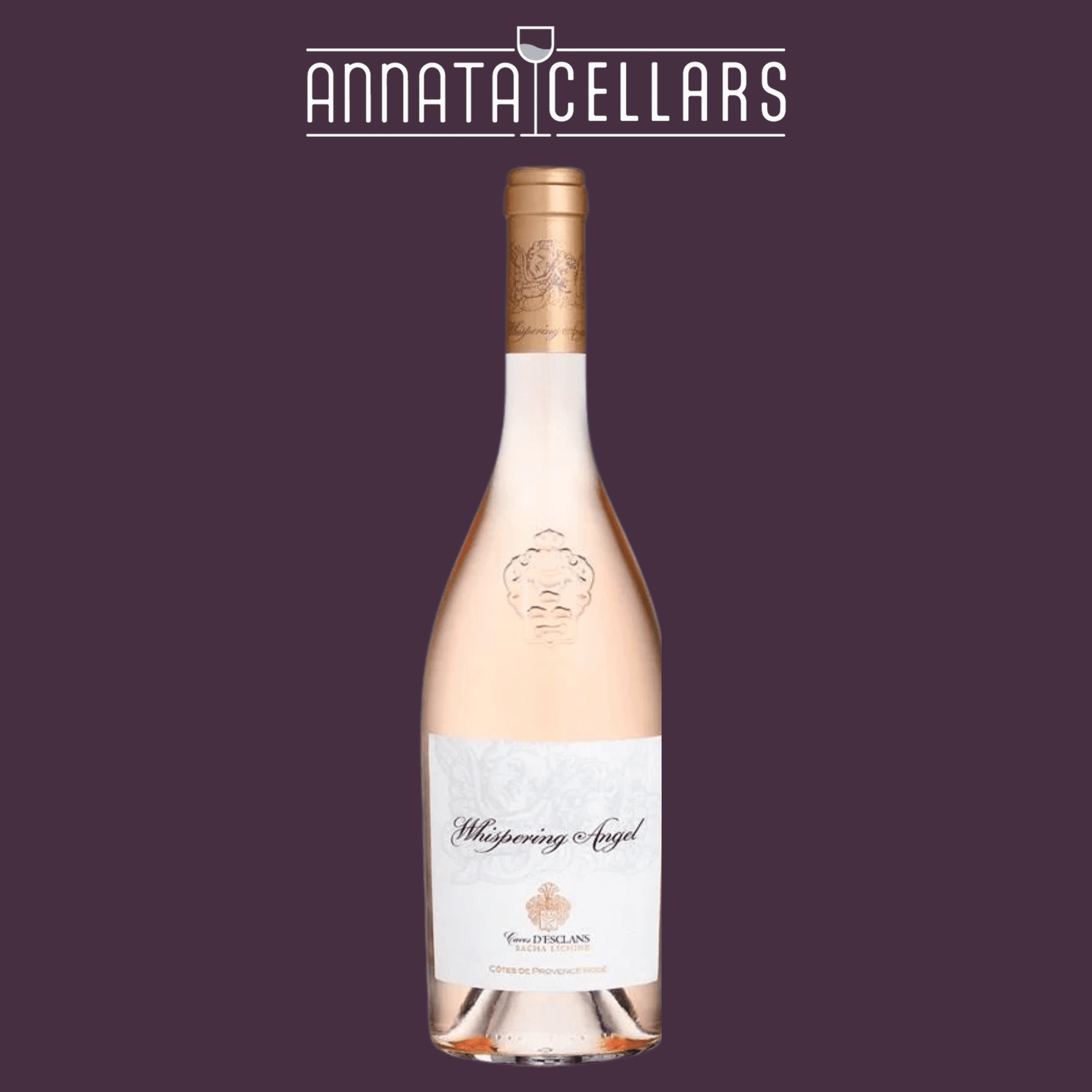 Rosé wine bottle with gold cork and Whispering Angel label