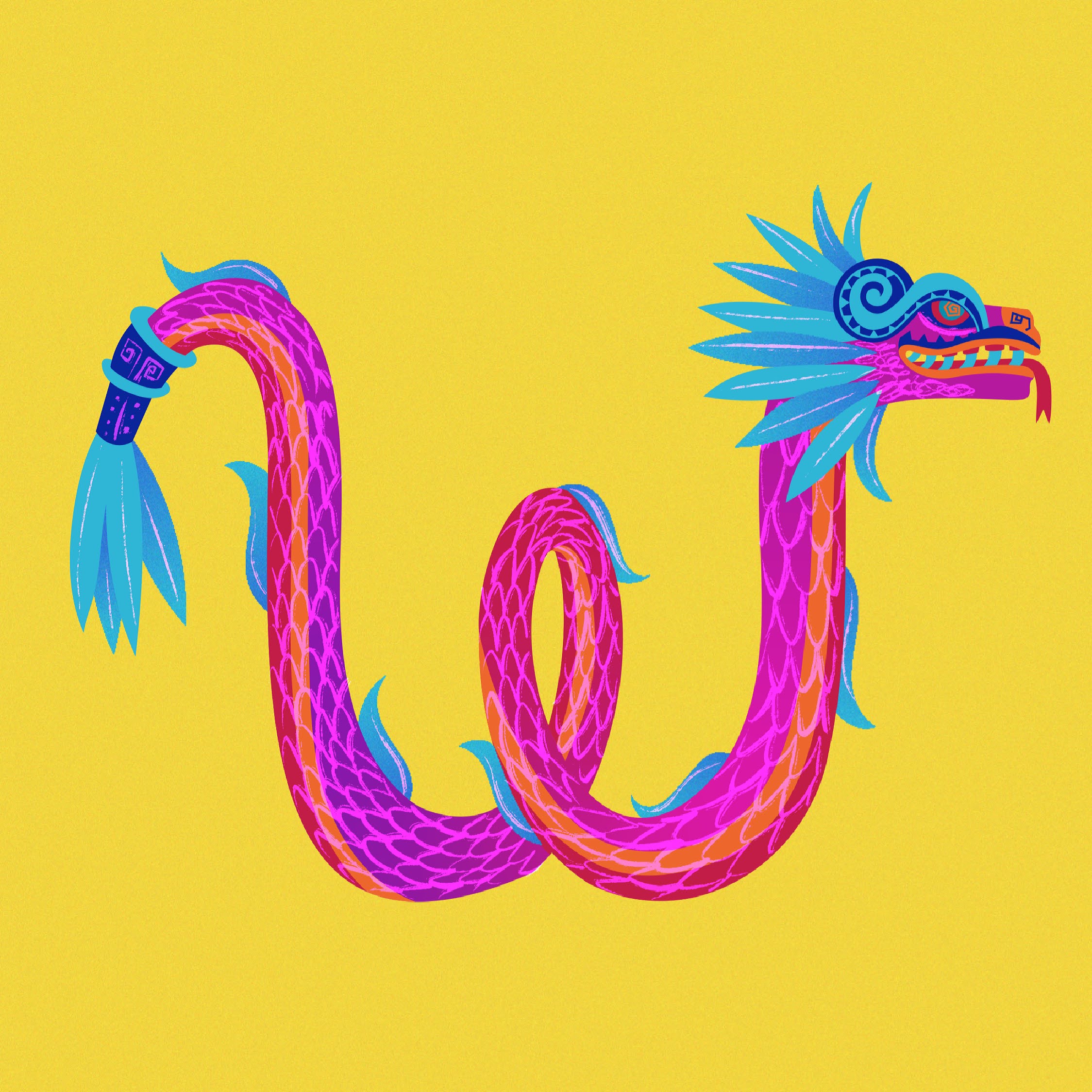 An illustrated feathered serpent twisted in the form of a lowercase 'w'.