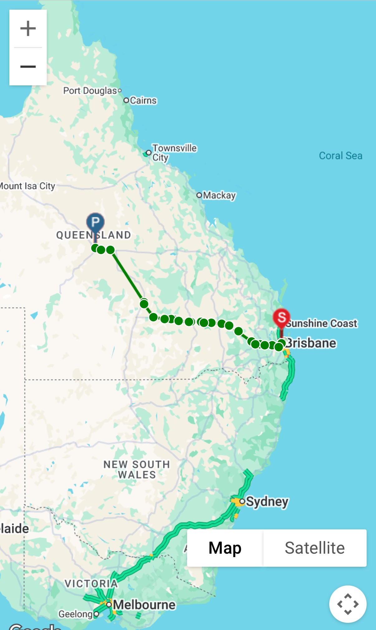 Map of truck route, delivering food from Brisbane to Longreach