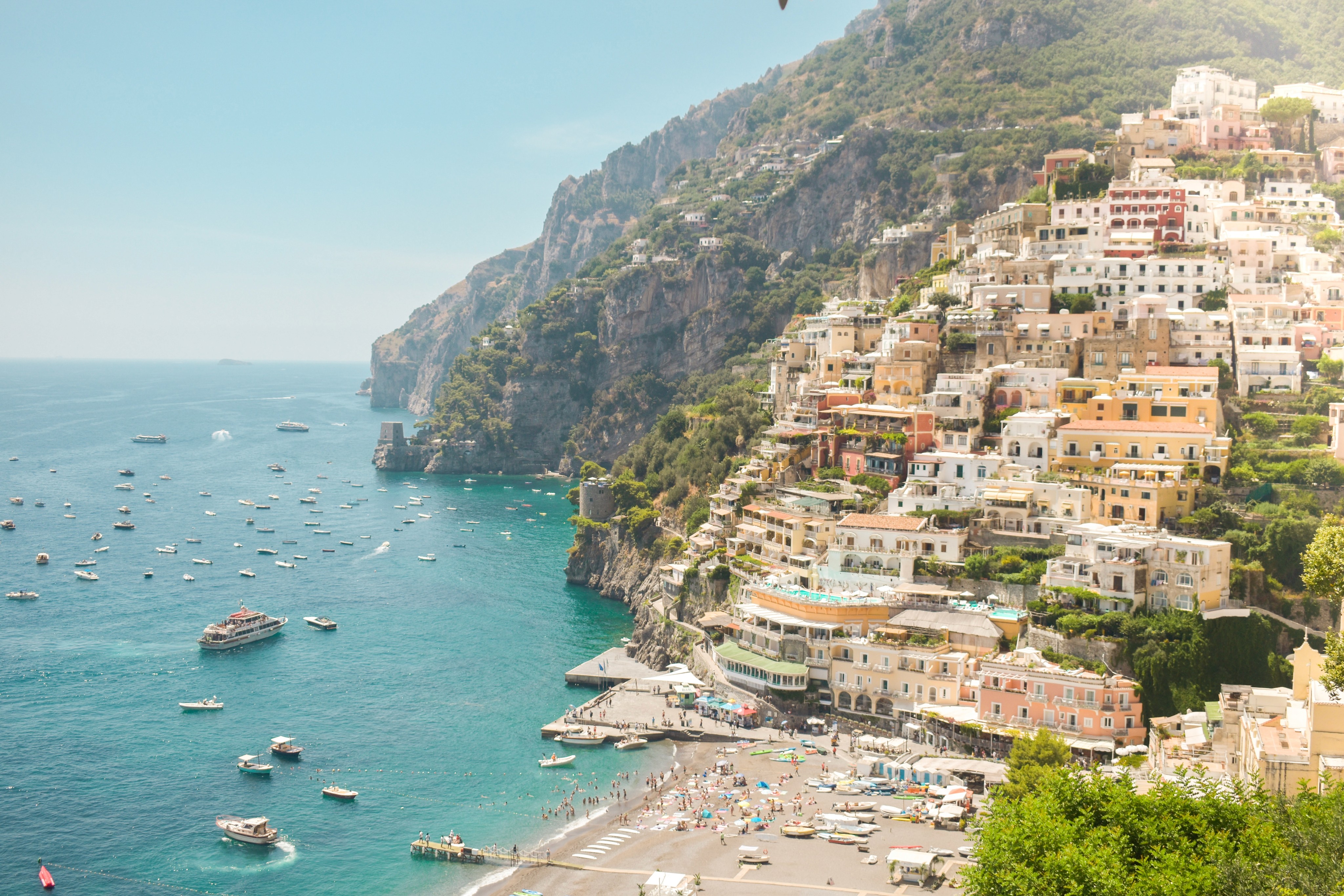 View of colorful Positano houses built into the cliff on the Amalfi Coast in Italy