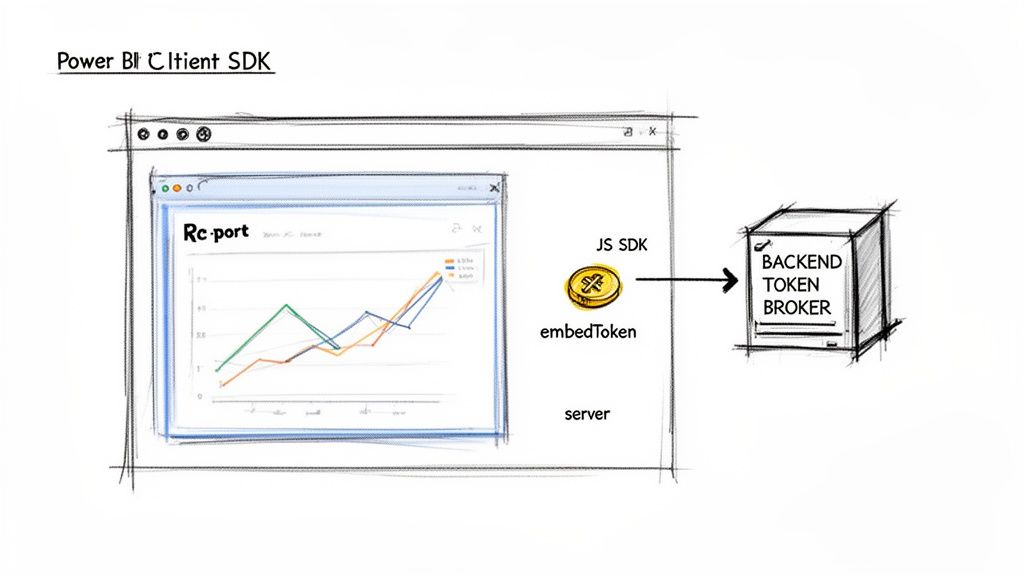 Diagram illustrating the Power BI report embedding flow with client SDK, embed token, and backend token broker.