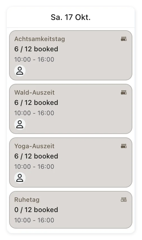 Tagesübersicht mit vier Retreat-Programmen