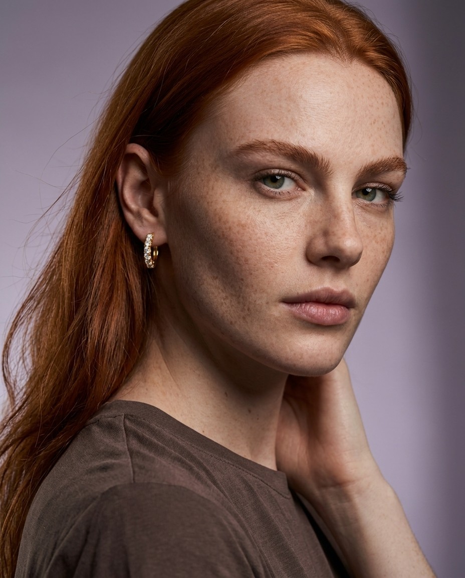 Maeve Rowan AI model wearing gold huggie hoop earrings, cinematic grey studio portrait, bold editorial expression, Gemzy AI jewelry studio