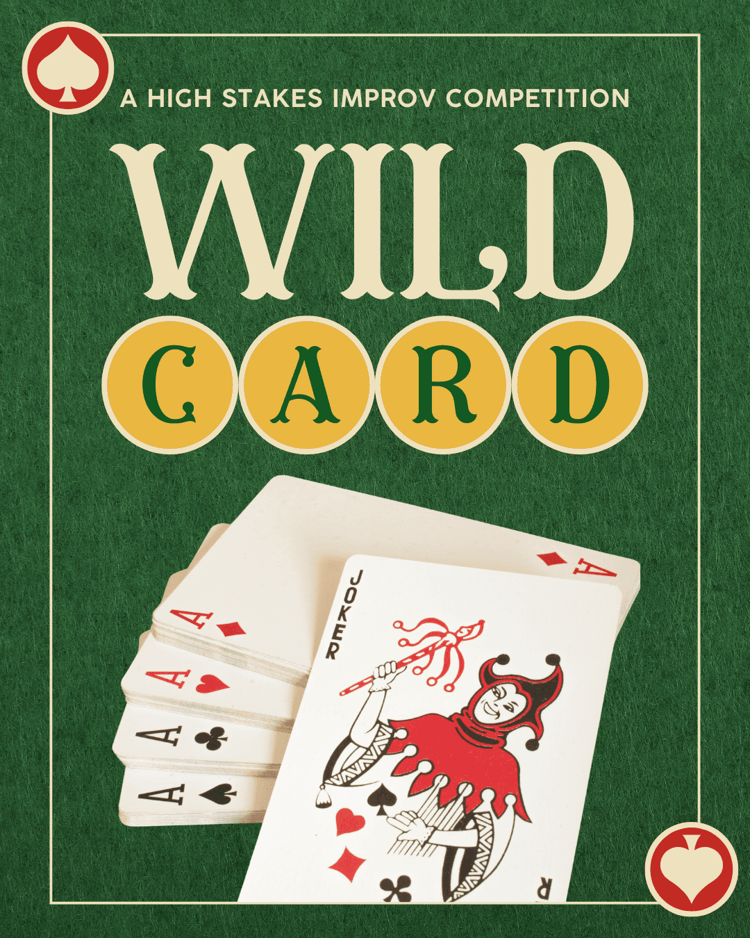 Show poster for the improv gameshow "Wild Card", showing a deck of cards splayed out over a green felt table.