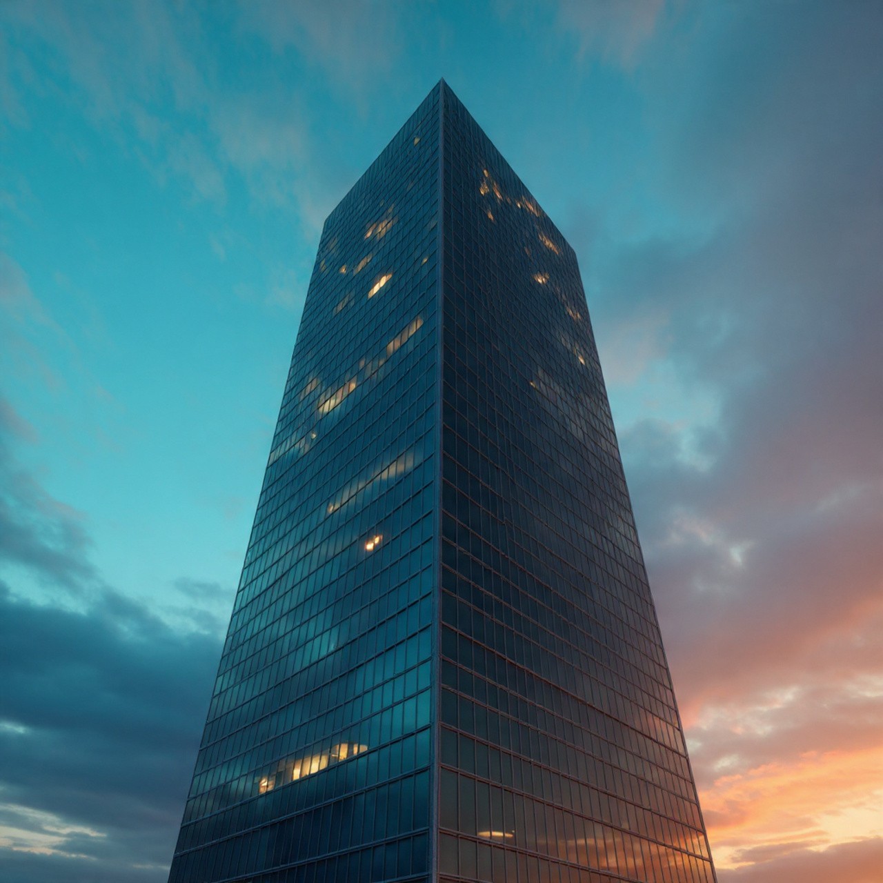 Monolithic glass skyscraper tapering toward a vibrant sunset sky.