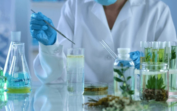 Scientist conducting experiments in a laboratory with test tubes, flasks, and plants.