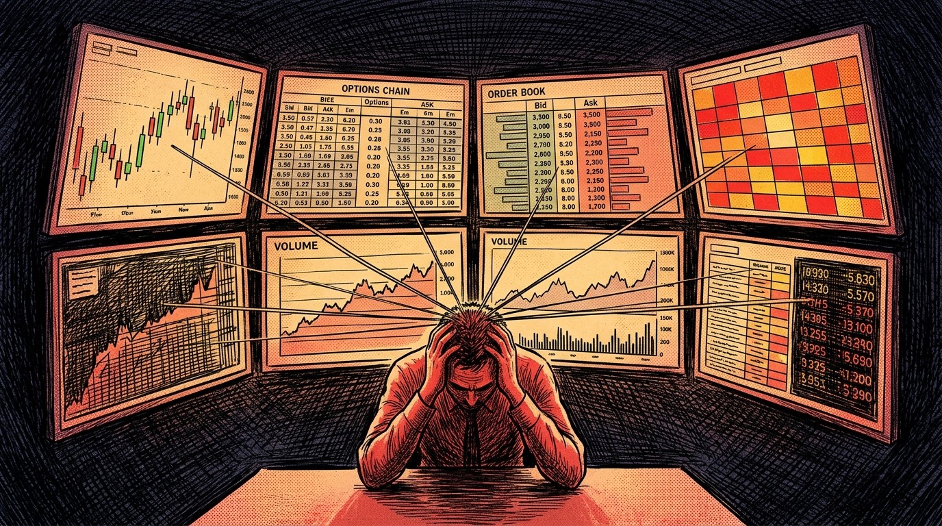 Trader workstation displaying eight separate data panels open simultaneously including options chain, charts, order book, positions, news, watchlist, Greeks, and flow data across multiple monitors