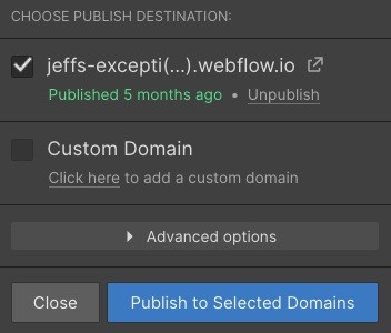 Botón Publish en Webflow listo para publicar el sitio web en dominio seleccionado.