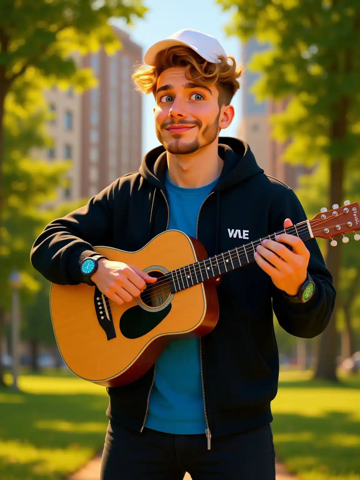 A boy playing guitar, generated with an AI character generator.