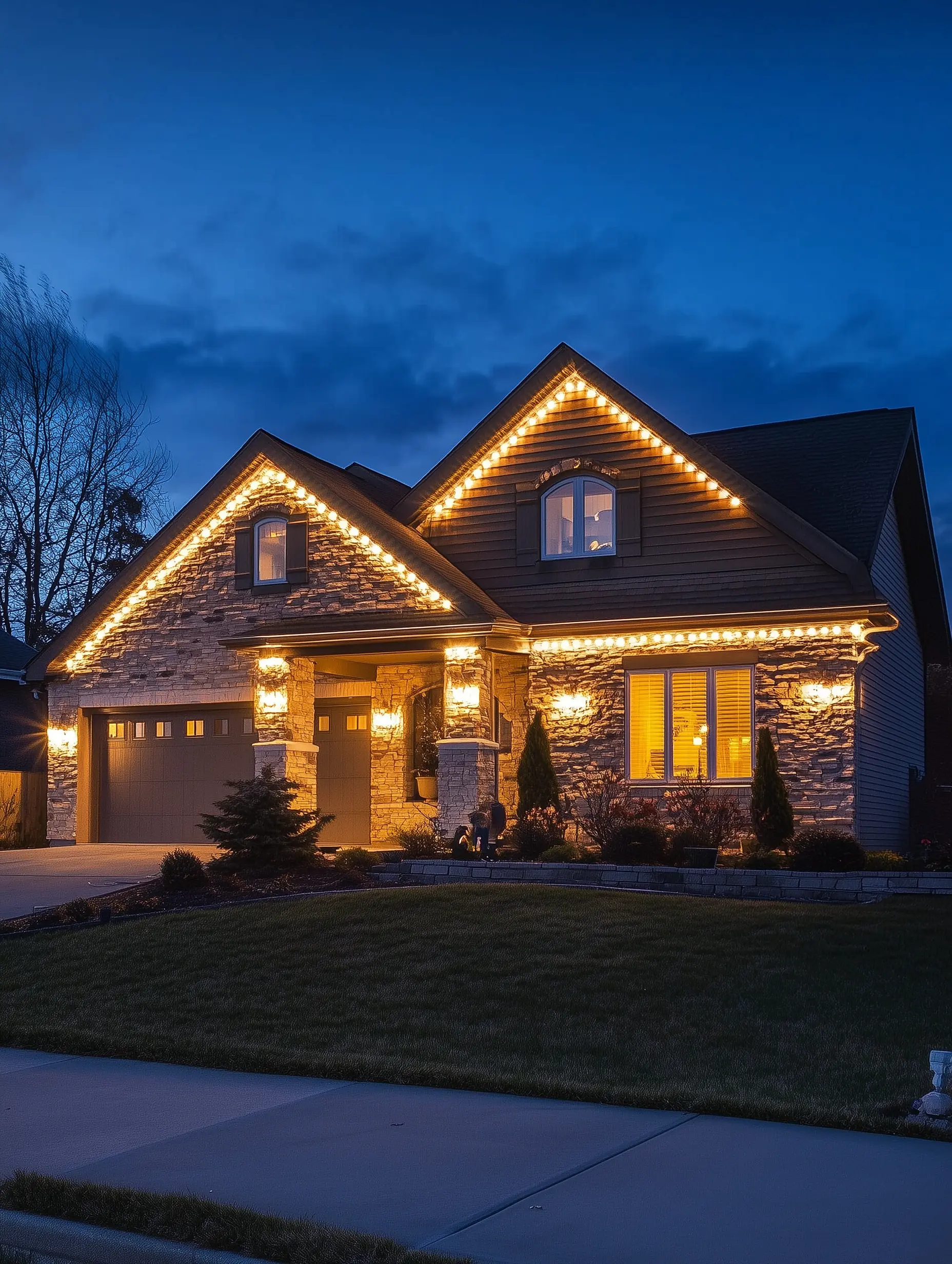 Energy-efficient permanent track lighting installed on a stone-front home by Mammoth Lights in Chester County