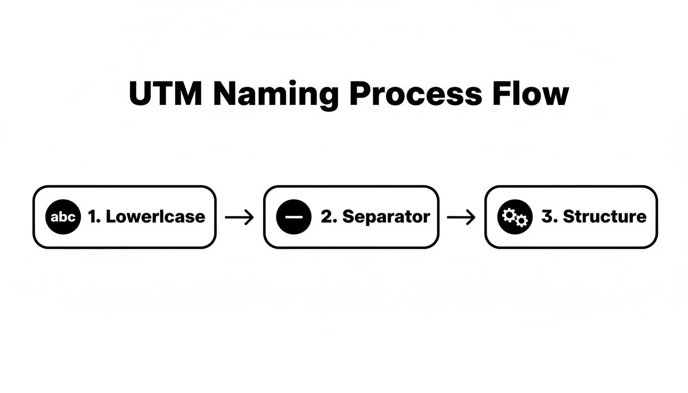 A flowchart illustrating the UTM naming process with three sequential steps: Lowercase, Separator, and Structure.