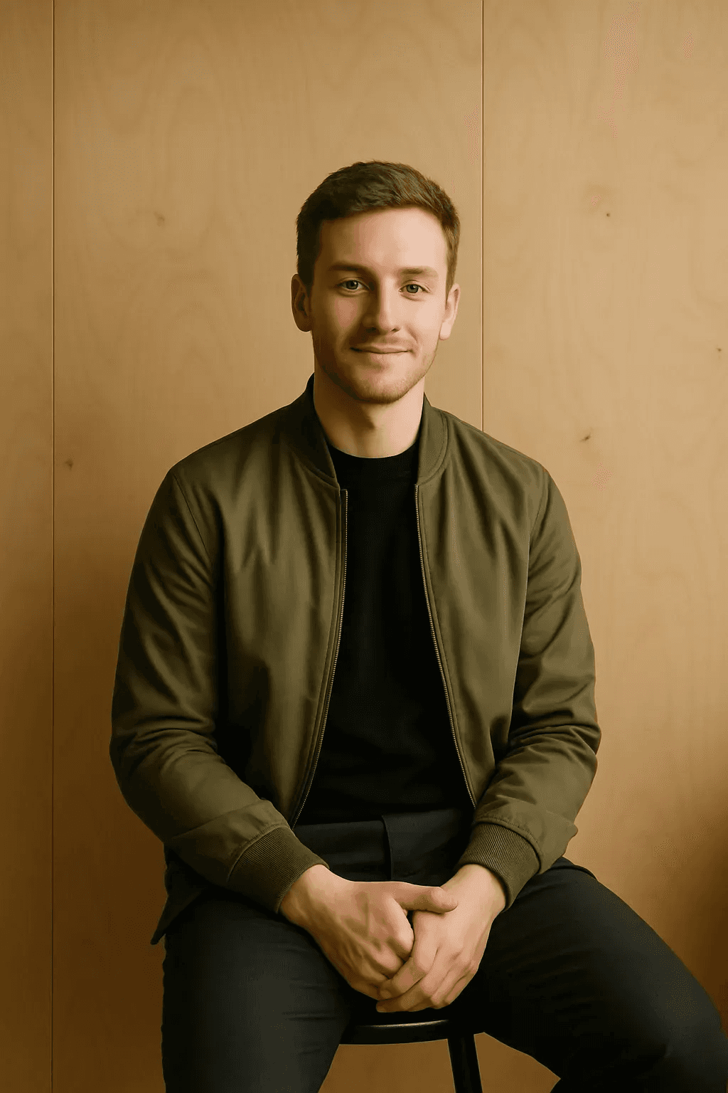 Man wearing an olive green jacket and black shirt, sitting and smiling in front of a light wooden background.