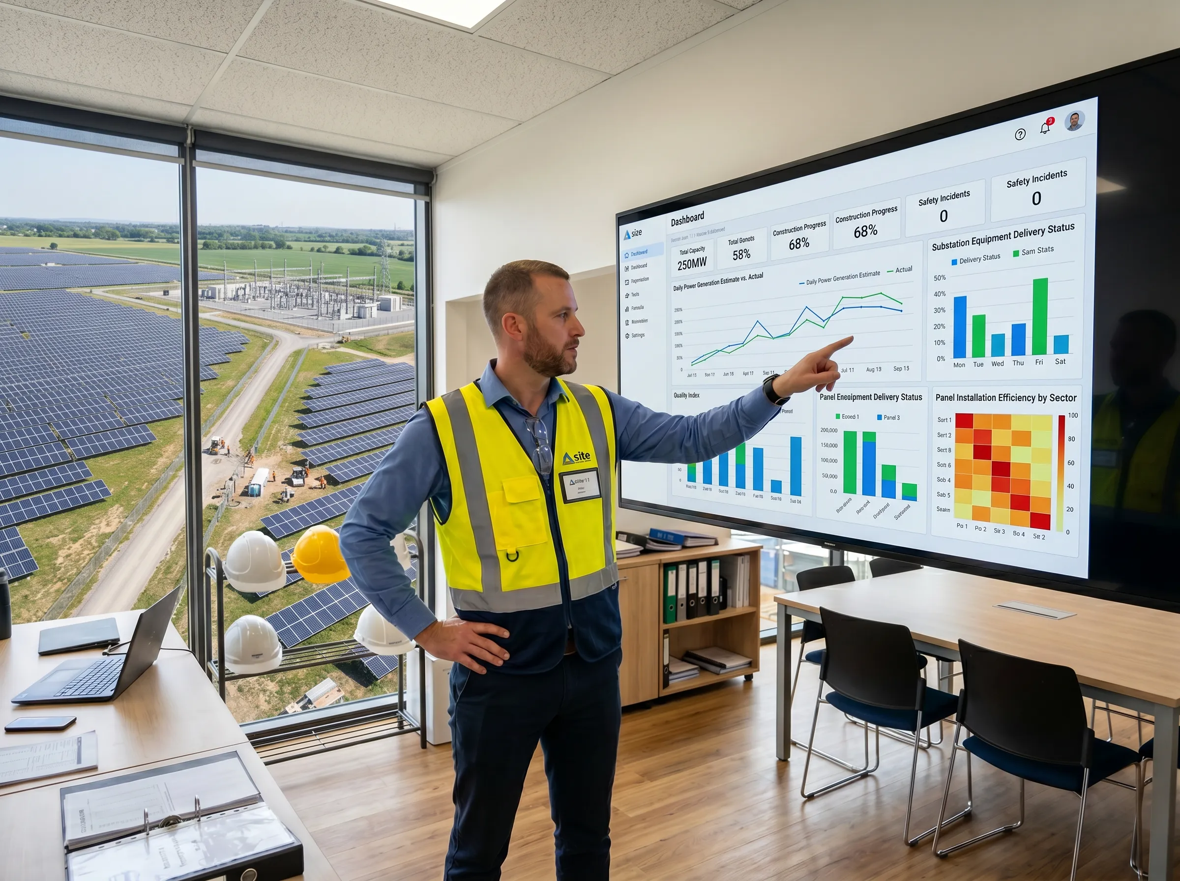 A solar field worker wearing a helmet and safety vest stands in front of solar panels, holding a tablet showing performance charts.