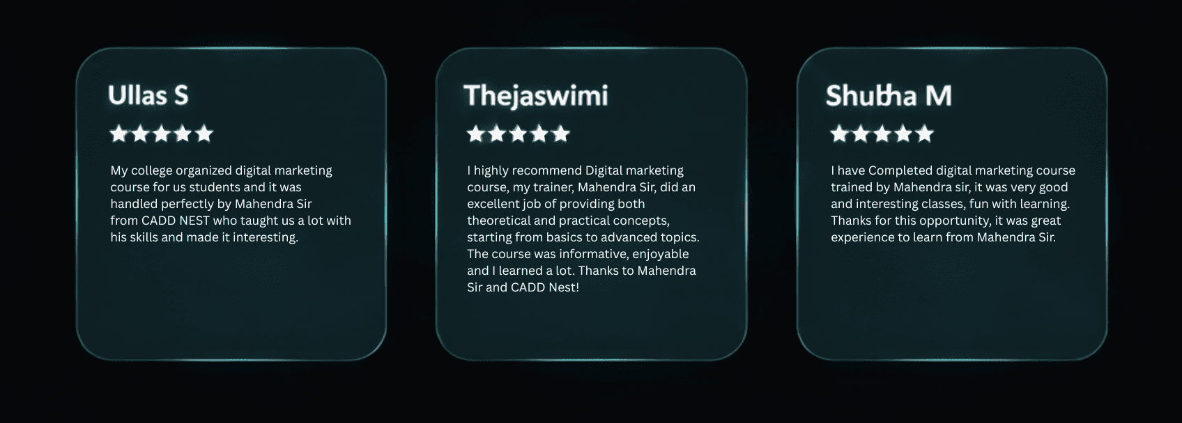 Glowing testimonial cards with 5-star student reviews for Mahendra R's effective Ed-Tech marketing training.