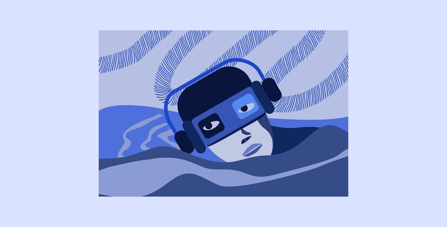Person wearing VR headset in bed. Digital art.