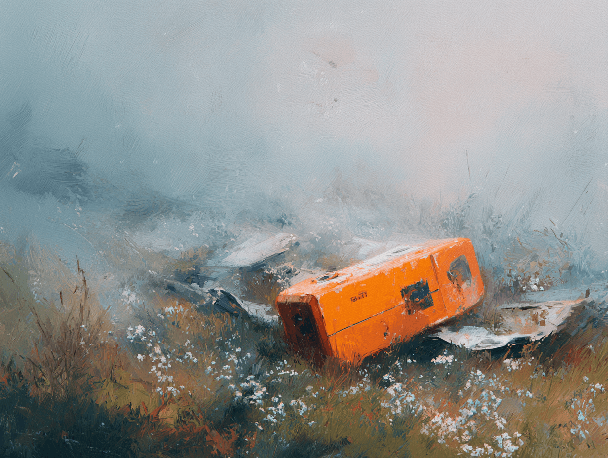 A realistic digital painting depicts an orange airplane black box lying in a misty field among scattered debris and wildflowers. The scene, rendered in soft blue and earthy tones, evokes a somber atmosphere of aftermath, investigation, and quiet resilience after disaster.
