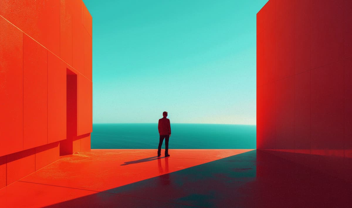 Black silhouette of a man standing and looking out at a blue landscape on an abstract red building