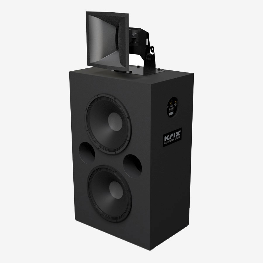 Black professional speaker with two large woofers and horn tweeter.