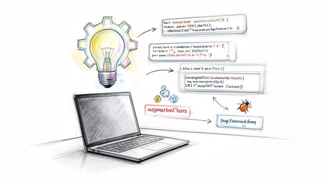 A sketch of a laptop, lightbulb, code, automated tests, and bug fixes, depicting app development.