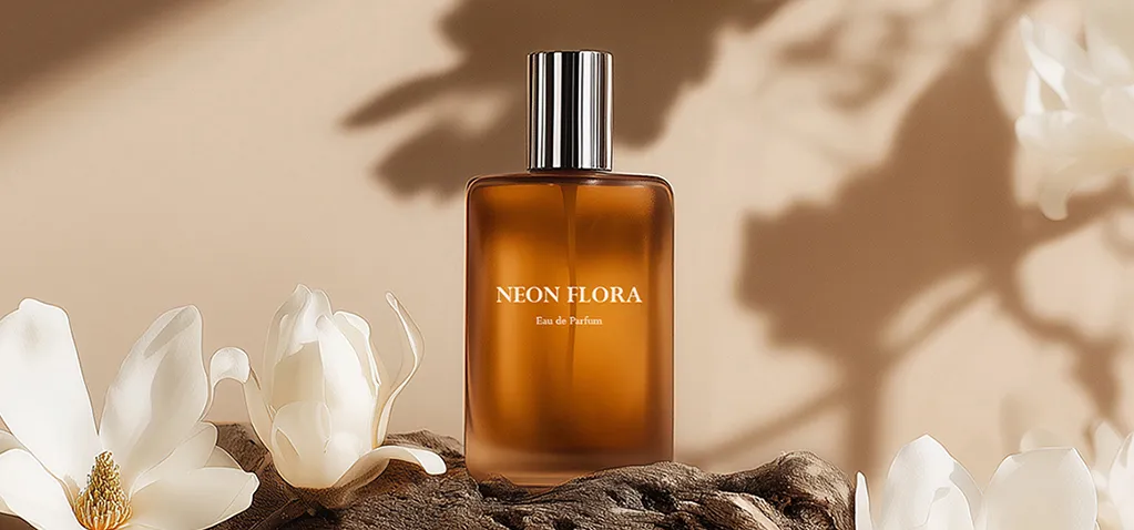 나무 위에 놓인 갈색 향수병과 흰 꽃이 함께 연출된 장면