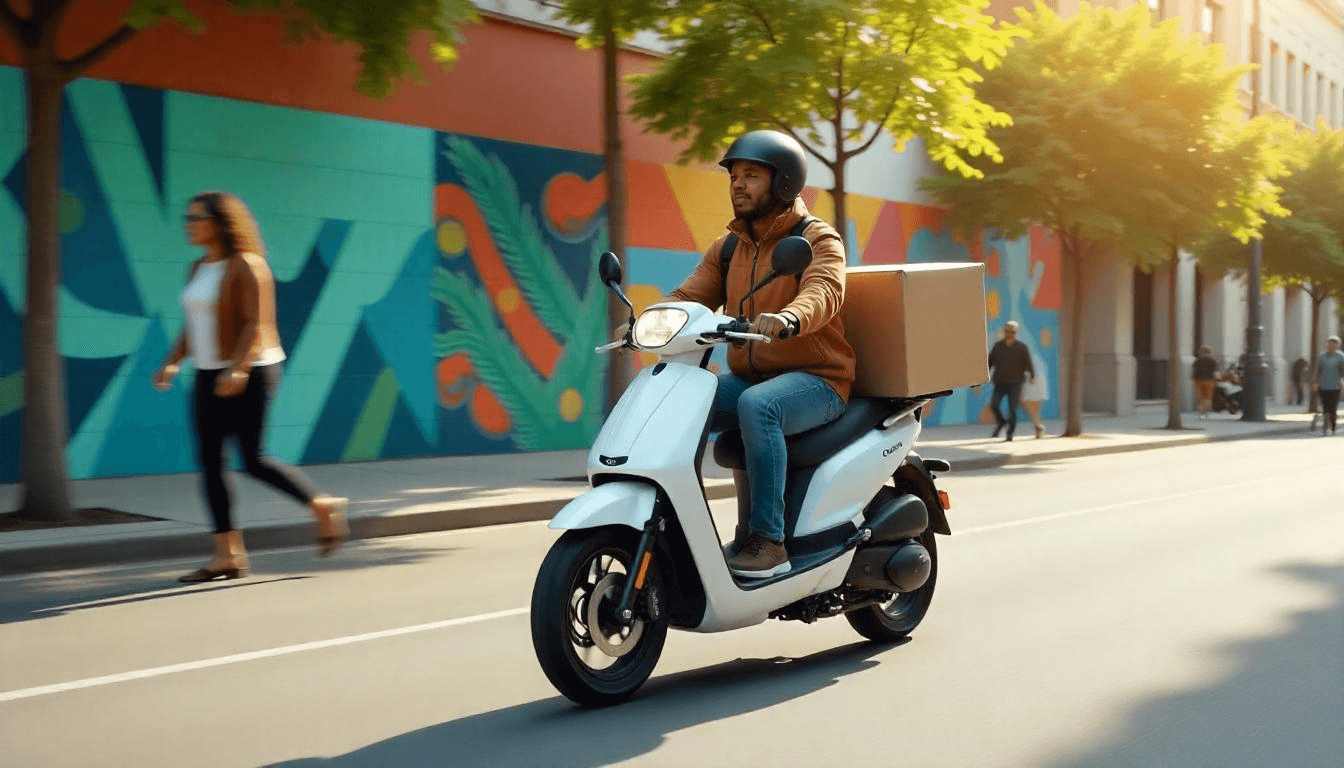 Une moto électrique de livraison en France dans une zone urbaine représentant des solutions logistiques respectueuses de l'environnement