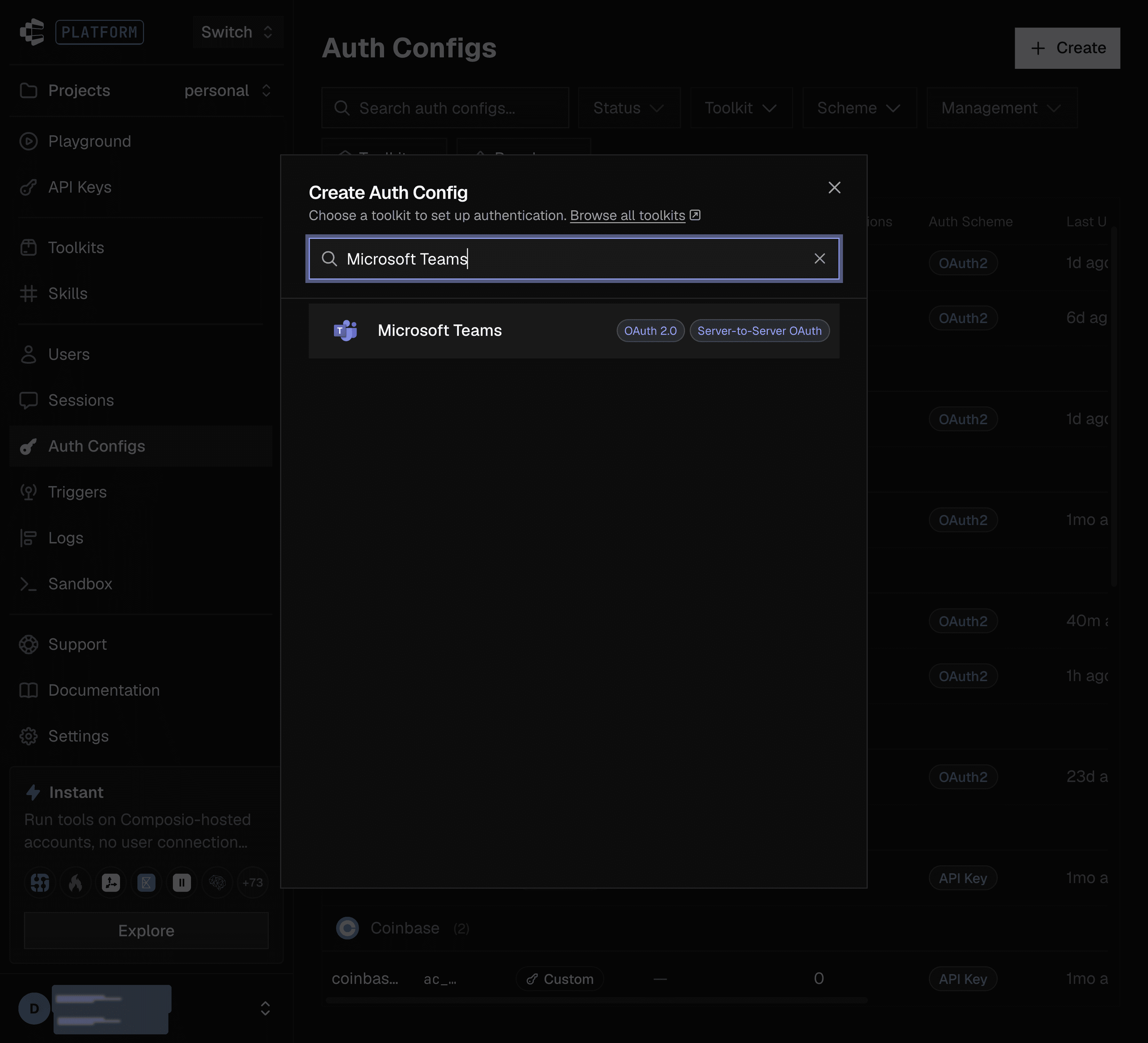 Create Auth Config dialog with Microsoft Teams selected