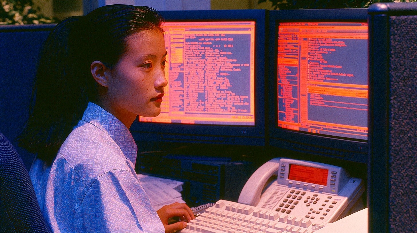 A bank operations analyst works across a CRM case view and a telephony console on two connected monitors, validating that customer history and call activity stay synchronized