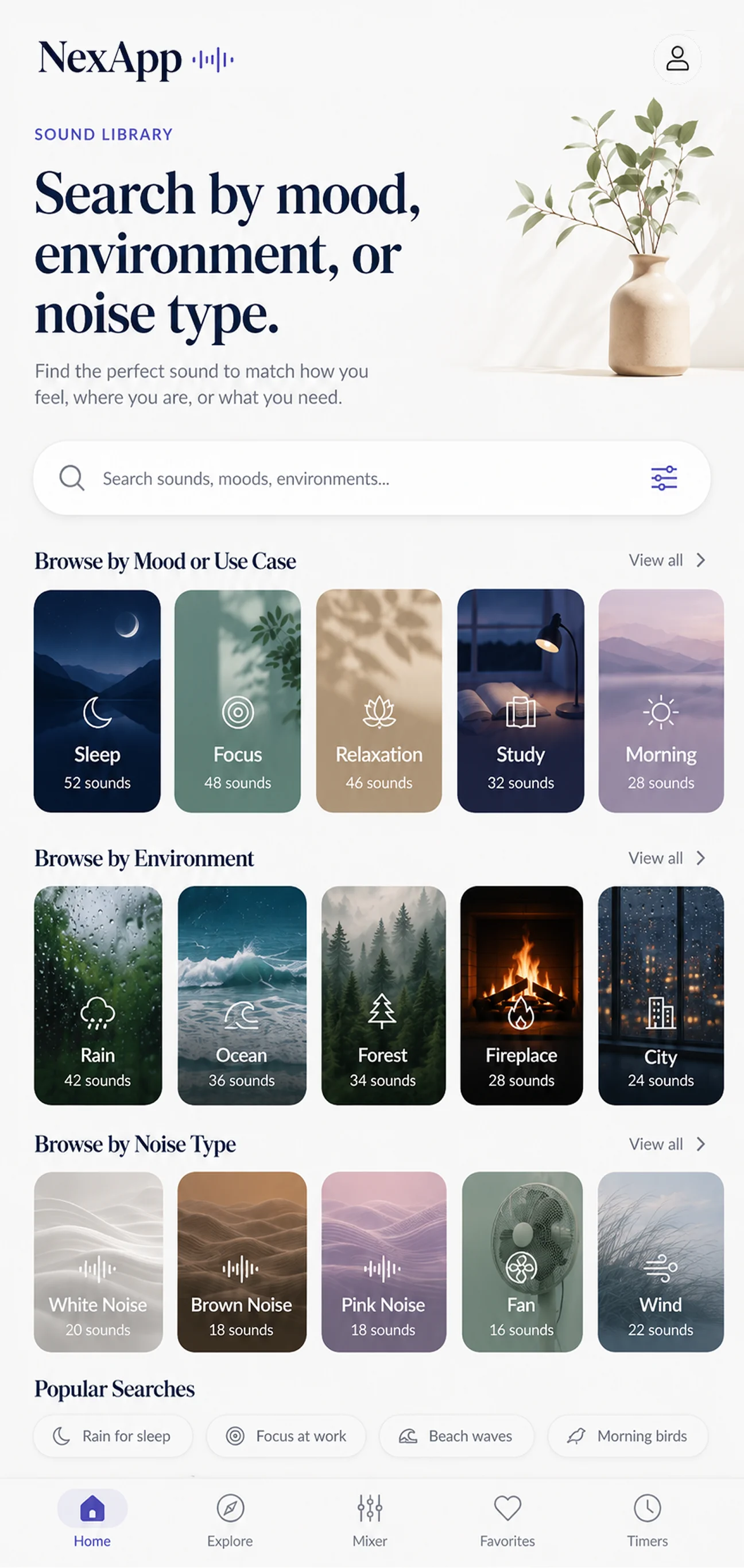 NexApp sound library search screen for browsing sounds by mood, environment, and noise type.