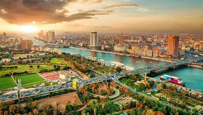 Panoramic Cairo cityscape at sunset
