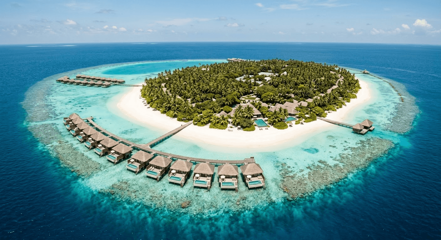 an aerial view of a beach with a pier and palm trees