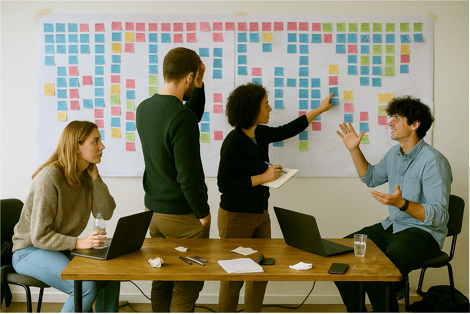 Team multidisciplinare al lavoro su una parete piena di post-it durante un workshop strategico