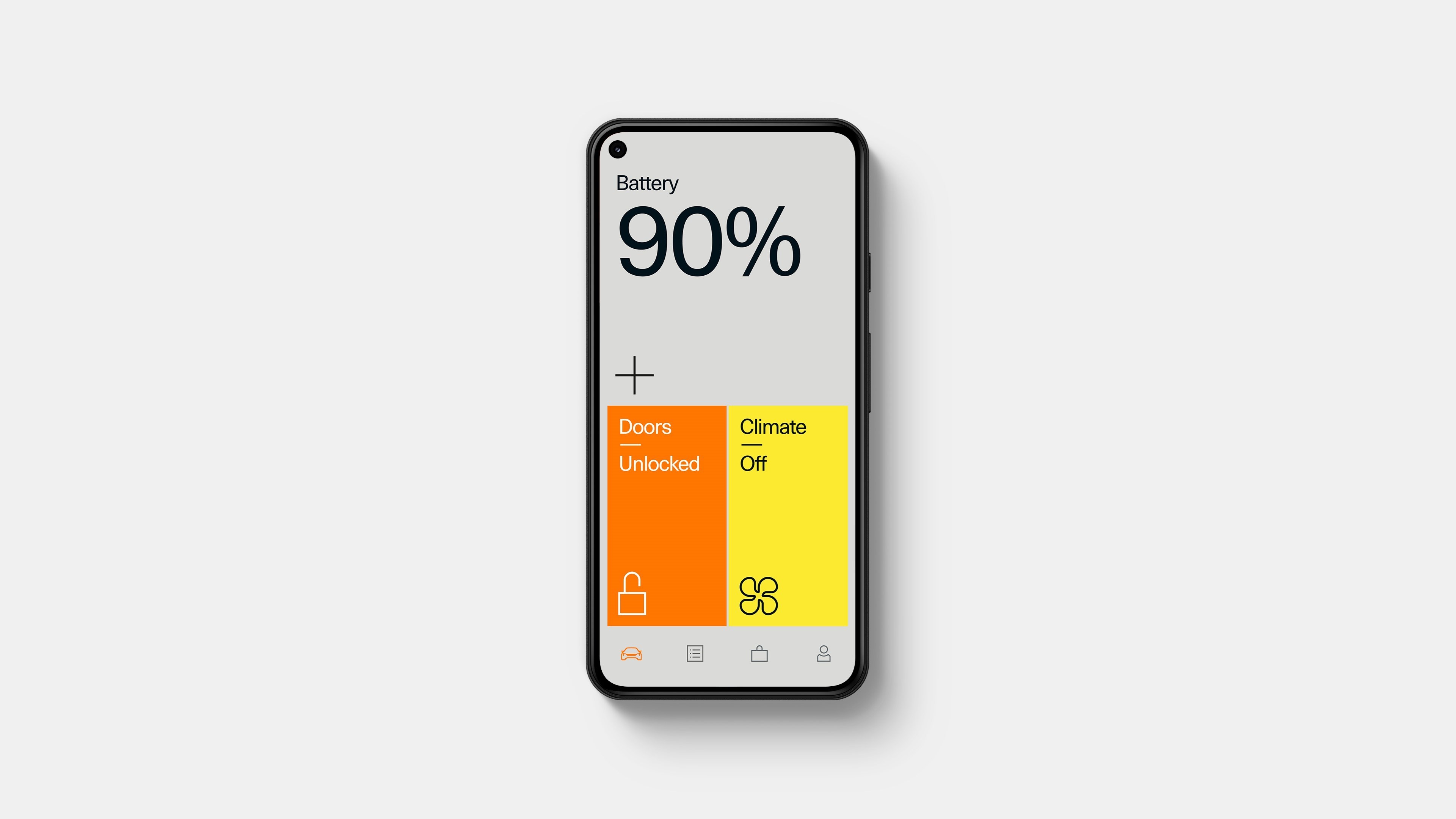 Écran de l’application Polestar affichant une batterie à 90 %, portes déverrouillées et climatisation désactivée