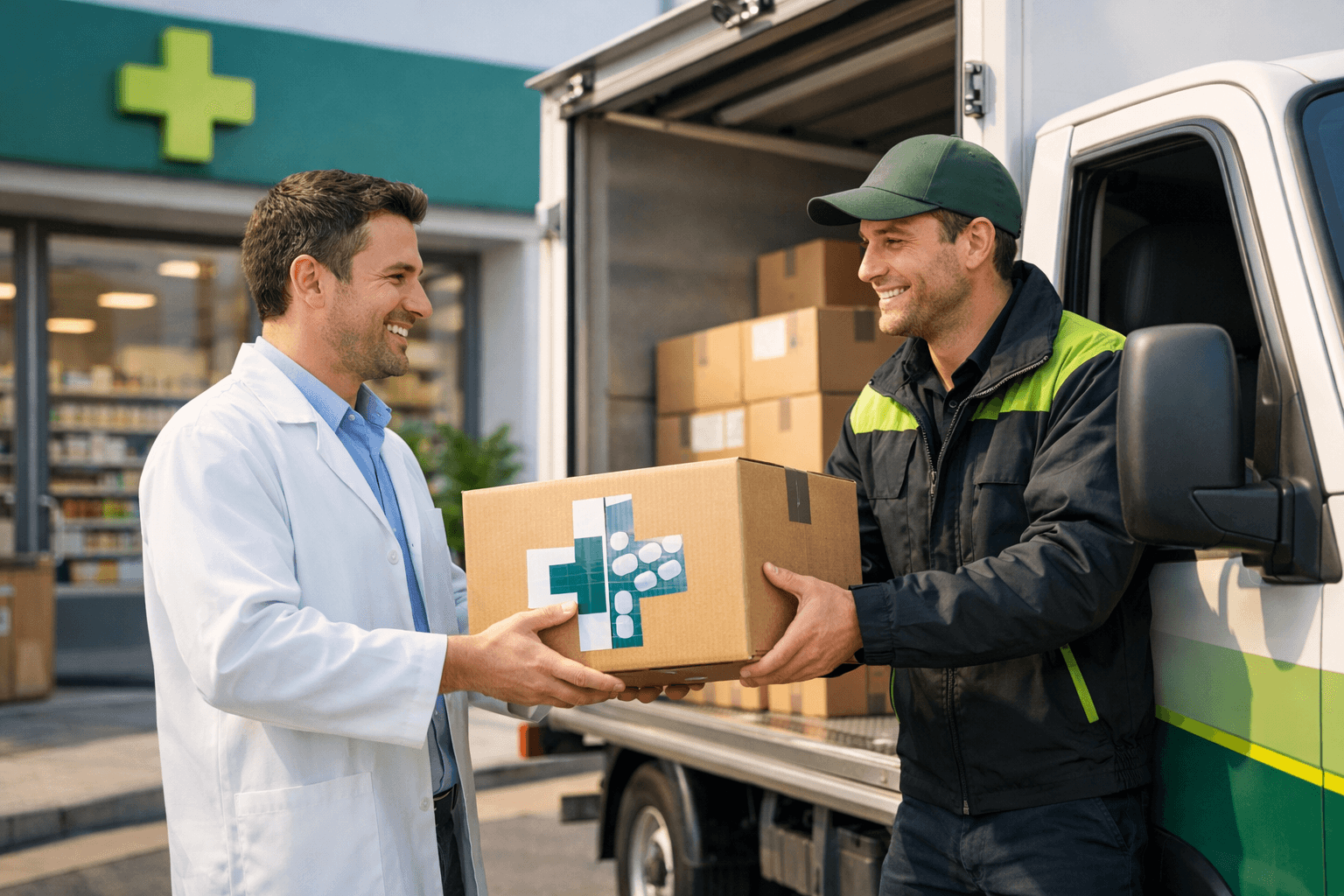Pessoa na entrada de uma farmácia recebendo do motorista um caminhão de frete uma caixa de medicamentos, com os dois sorrindo e transmitindo eficiência na entrega e logística farmacêutica.