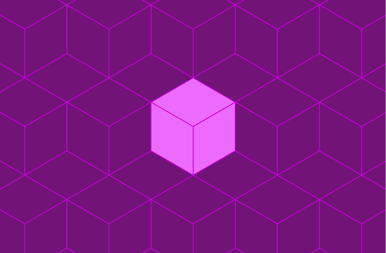 Isometric cube pattern in purple tones, with one central cube highlighted in bright pink.