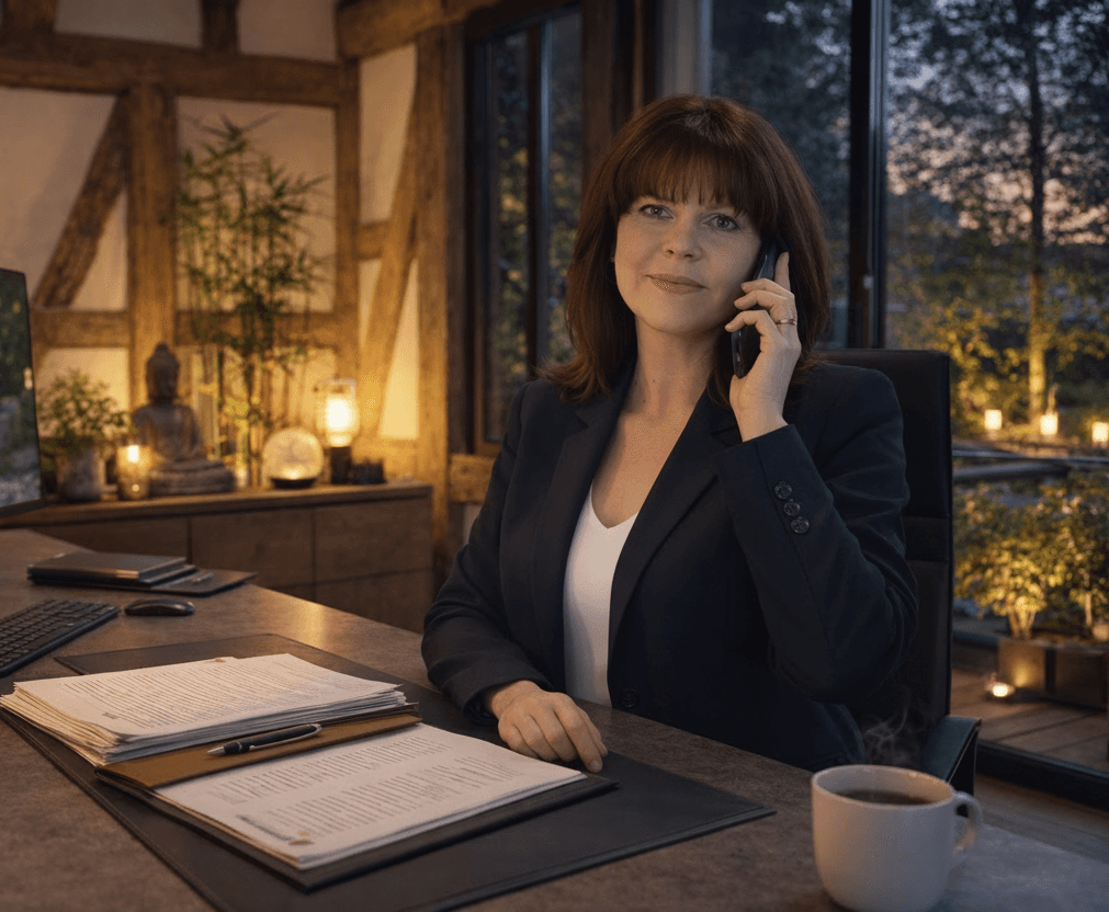 Frau im Blazer telefoniert an einem Schreibtisch mit Dokumenten und einer Tasse, der von warmem Licht beleuchtet ist.