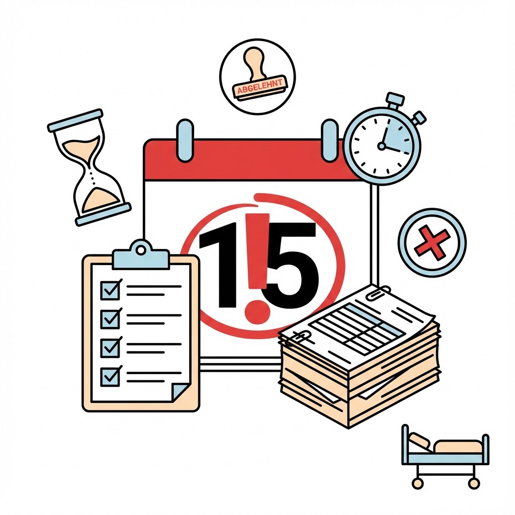 Ein Kalender mit dem Datum 1.5, eine Sanduhr, eine Stoppuhr, ein Stempel mit "ABGELEHNT", eine Checkliste und ein Stapel von Dokumenten, sowie ein Krankenhausbett.