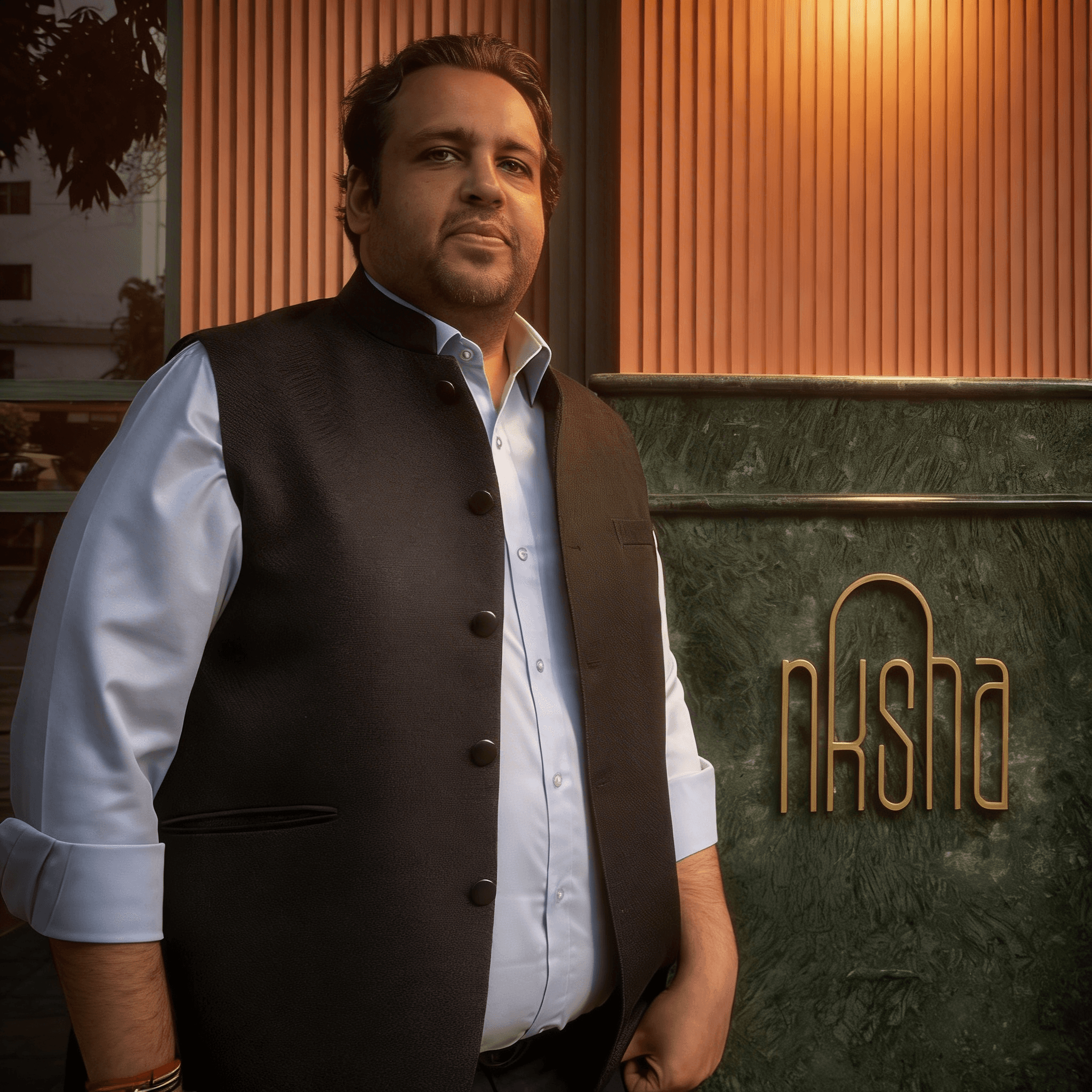 Portrait of the head chef standing at the restaurant entrance.