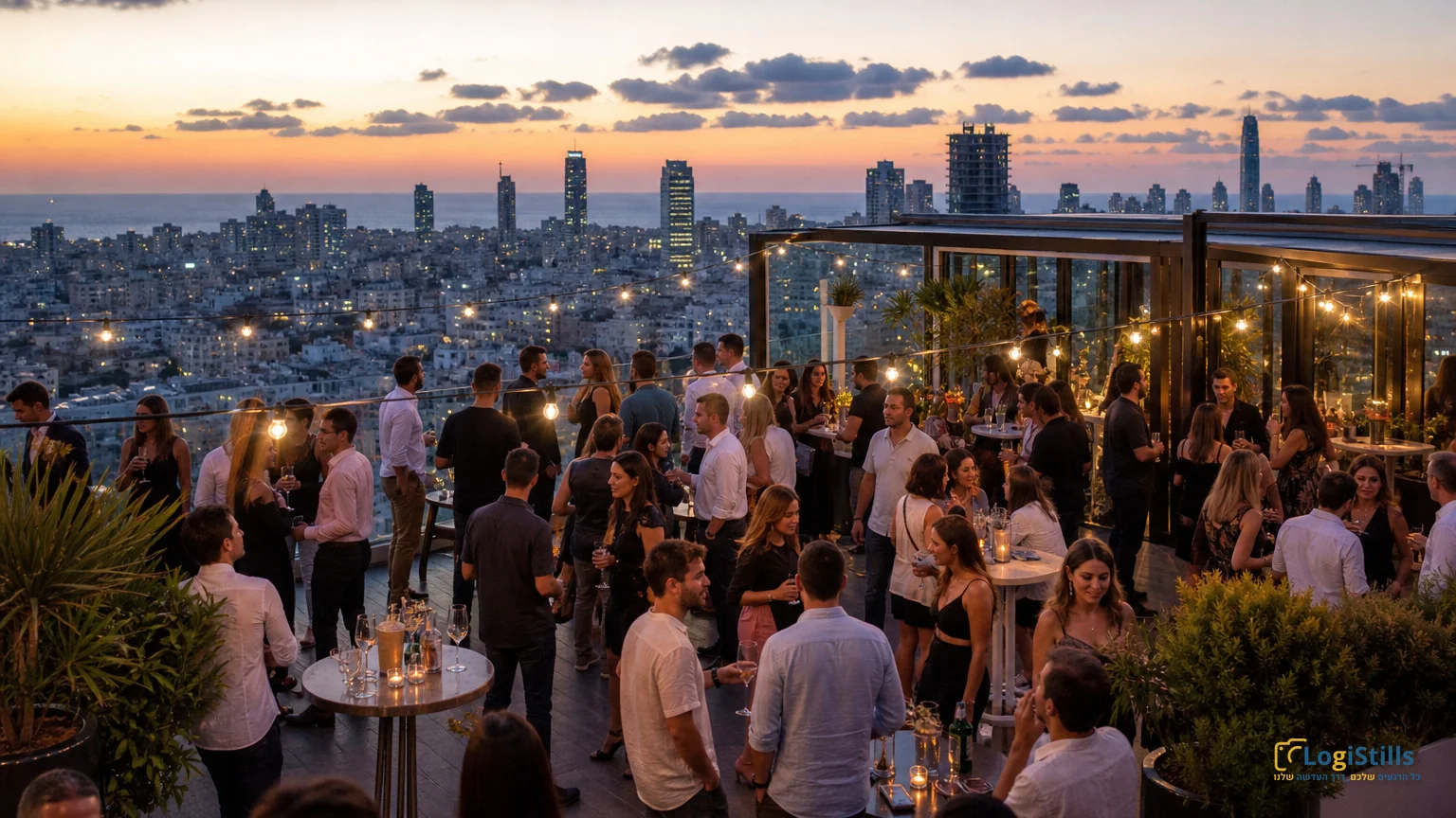 אירוע גג בתל אביב מול קו הרקיע בשעת שקיעה
