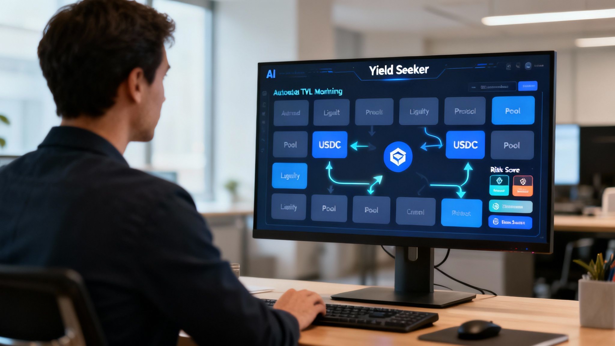 A person views a monitor displaying a 'Yield Seeker' crypto interface with TVL tracking and risk scores.