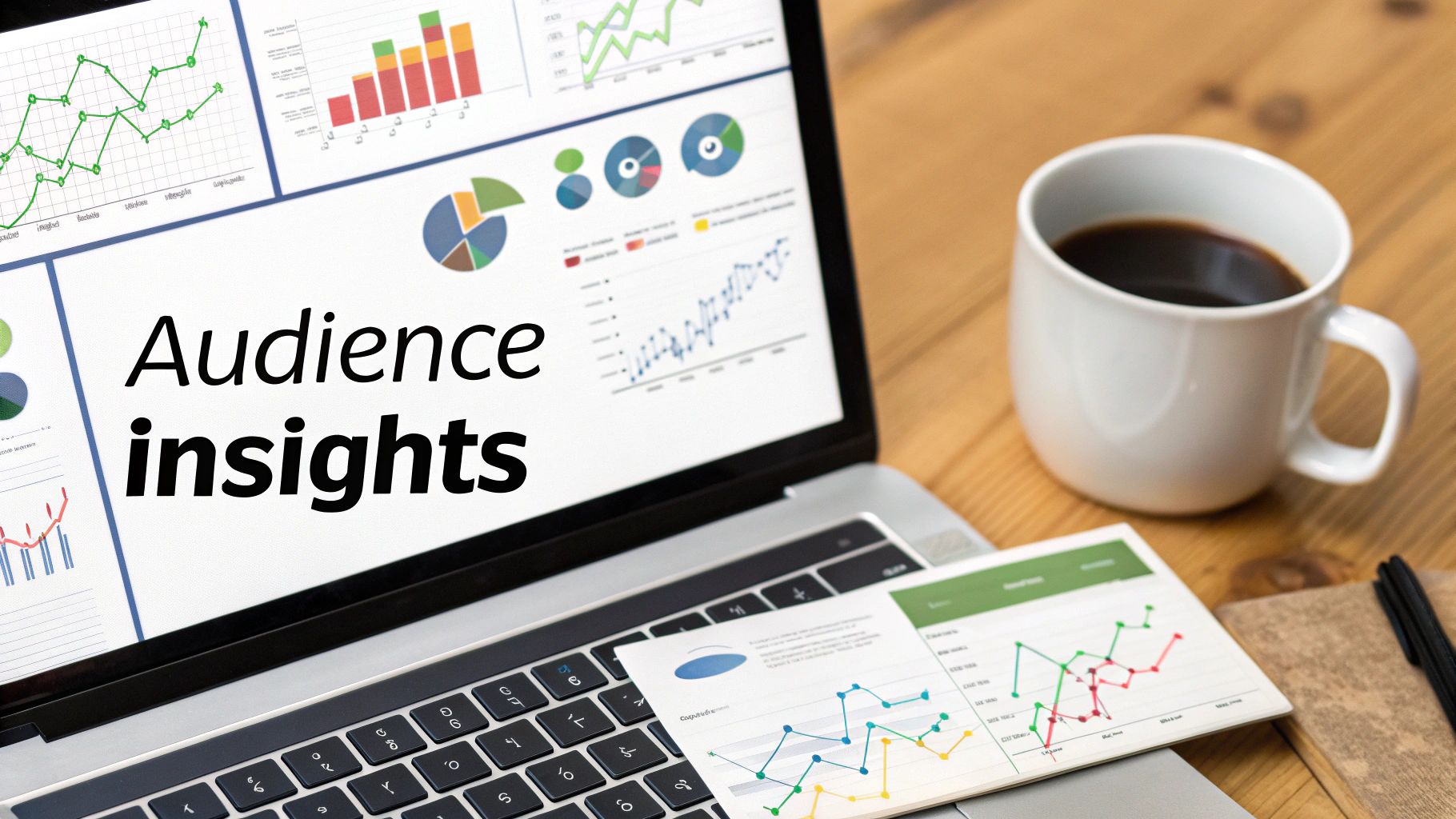 A laptop screen displaying 'Audience insights' with charts and graphs, alongside a coffee cup and documents on a wooden desk.